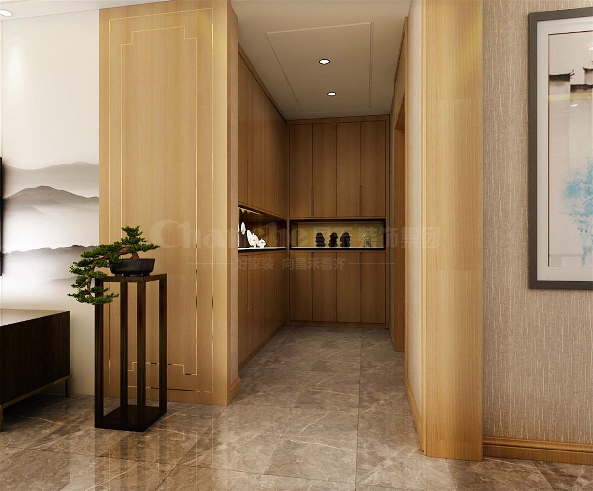 進(jìn)門處的鞋柜，既滿足了屋主的生活習(xí)慣，又體現(xiàn)出對(duì)自然人文古意的喜好之情。